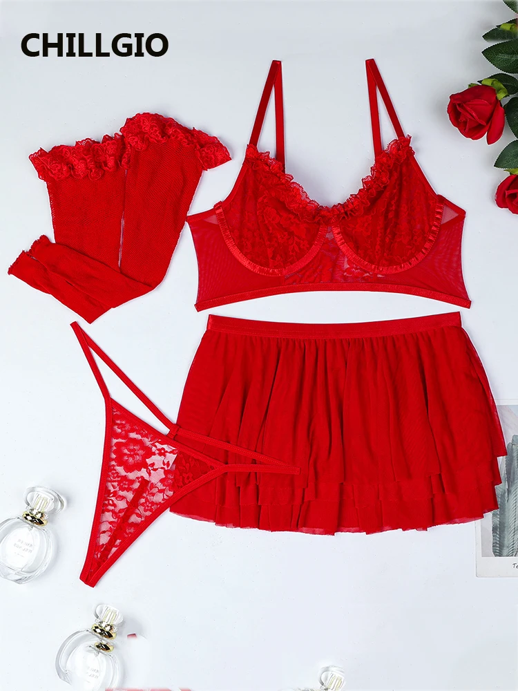 

CHILLGIO Hot Sexy Underwear For Women Luxury Party Lace Corsets Fasion Push-Up Bra With Panty Red Erotic Intimates Stockings Set