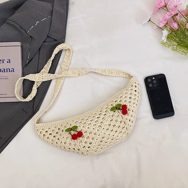 

Новая модная женская сумка-кроссбоди из крючковой вязки в стиле бохо, плетеная сумка через плечо для женщин, с узором «вишня» и «бабушкин квадрат», сумка-полумесяц