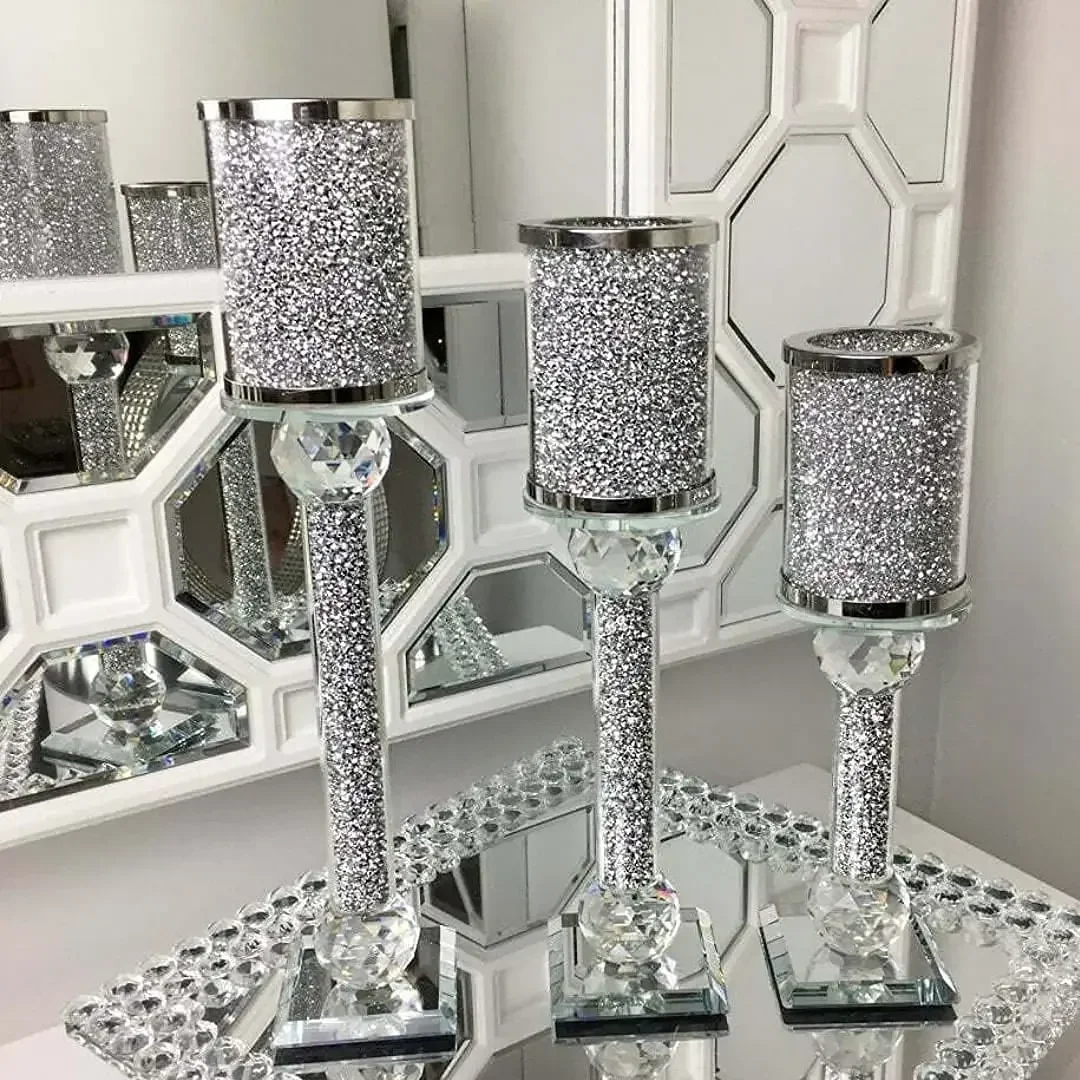 Silver Bling Mirror Glass Candlestick Holders with Crystal Crushed Diamond Sparkling Home Office Decor Luxury