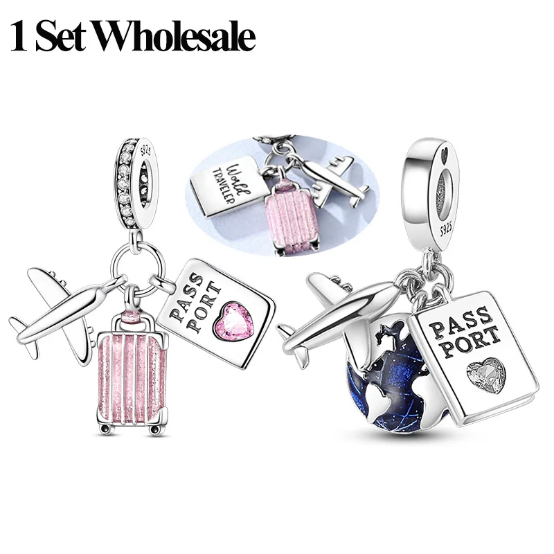 Ensemble de breloques et pendentifs en argent sterling 925, breloques avion, passeport, bagages, voyage, compatibles avec les bracelets originaux, bijoux DIY pour femmes, cadeau