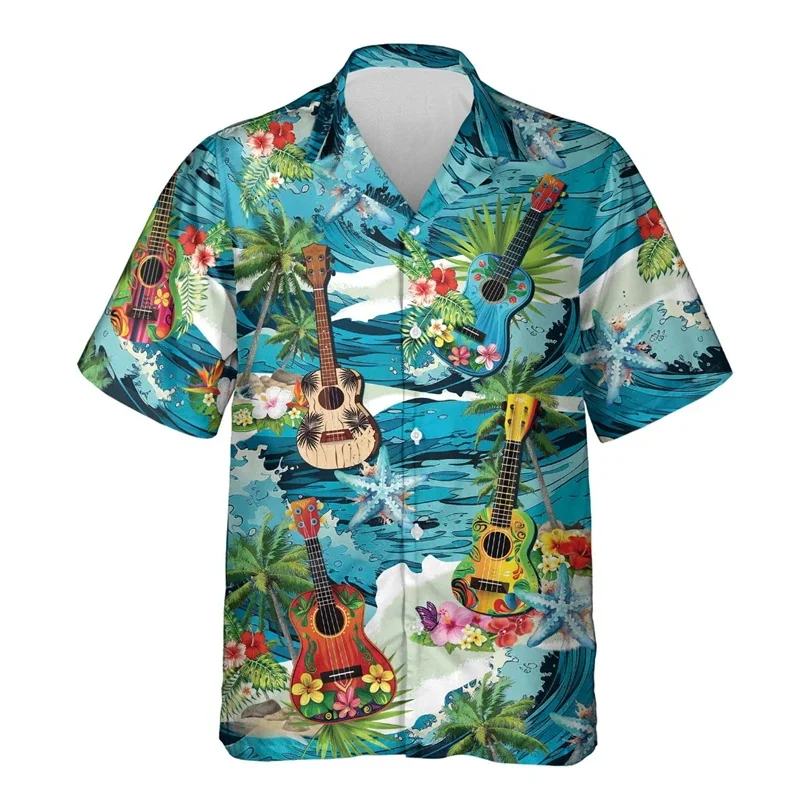 Fashion Ukulele Graphic Shirts For Men Clothes Casual Boy Ukelele Beach Shirt Instrument Uke Hawaiian Male Singer Lapel Blouse