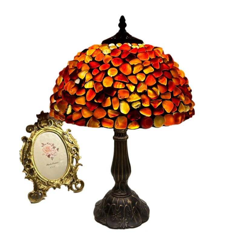 

Handmade stone table lamp, bedroom rough stone lamp, hotel European retro stained glass lighting