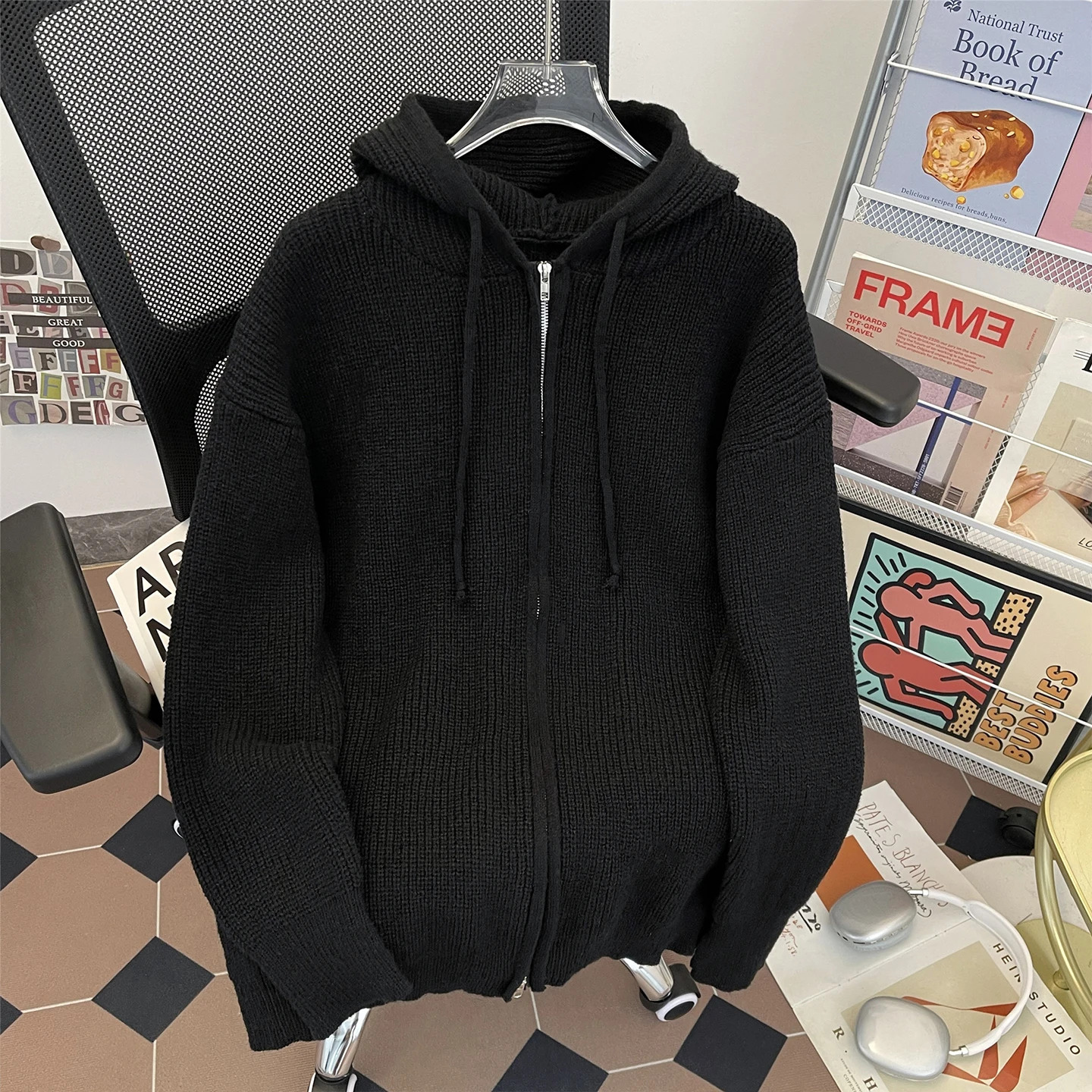

Bla Zipper Hoodie Knitted Sweater Men's Trendy Lazy Aosphere Heavyweight Hooded High-End Feelings Couple's Outerwear