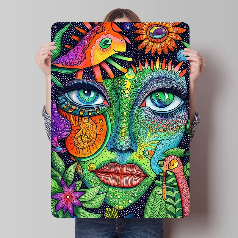 Psychedelic Woman Portrait Tinplate Poster Custom Wall Art Vintage Metal Signs Retro Tin Plaque for Office Decor Decoration Home