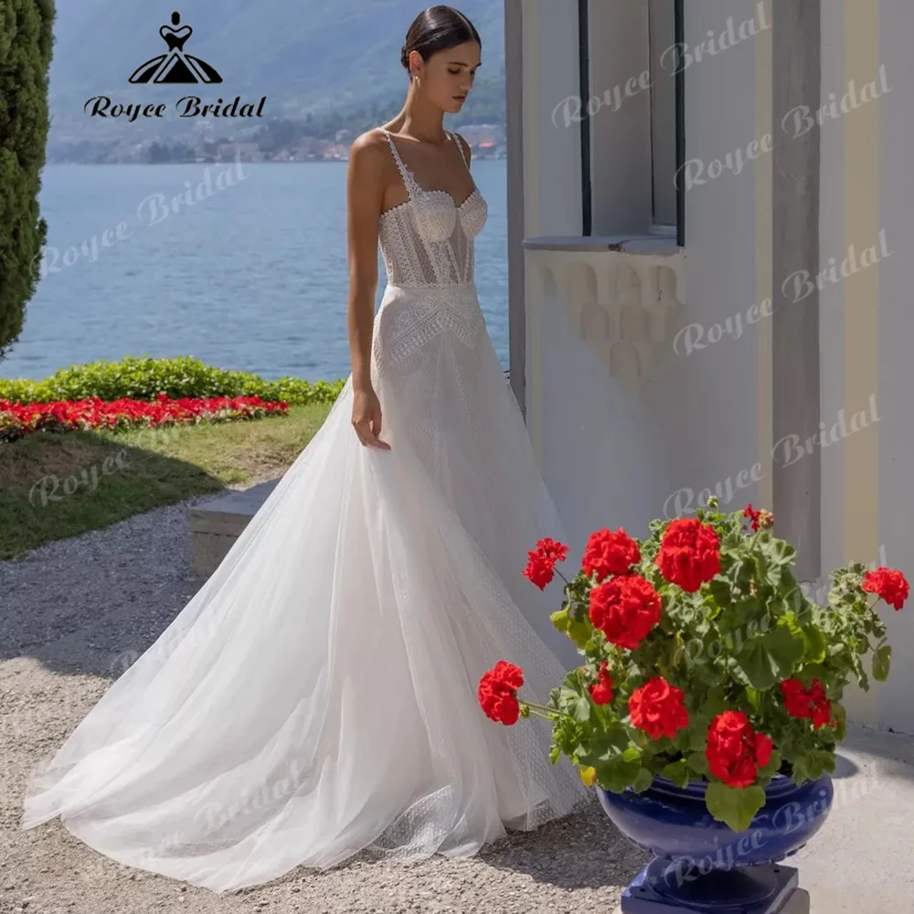 Thin Bead Strap Geometric Lace A Line Wedding Dress Sweetheart Sheer Corset Multi-Layer Dotted Soft Tulle Bridal Gown Customized