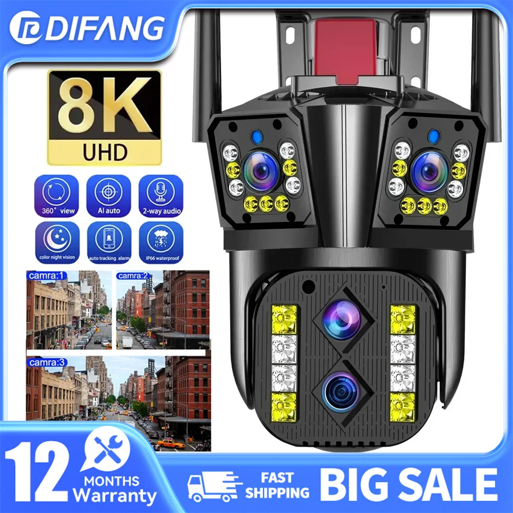 

DIFANG 16MP Outdoor WIFI Camera 8K HD 10X Optical Zoom Automatic Tracking PTZ Four Lens Three Screen Waterproof Security Camera