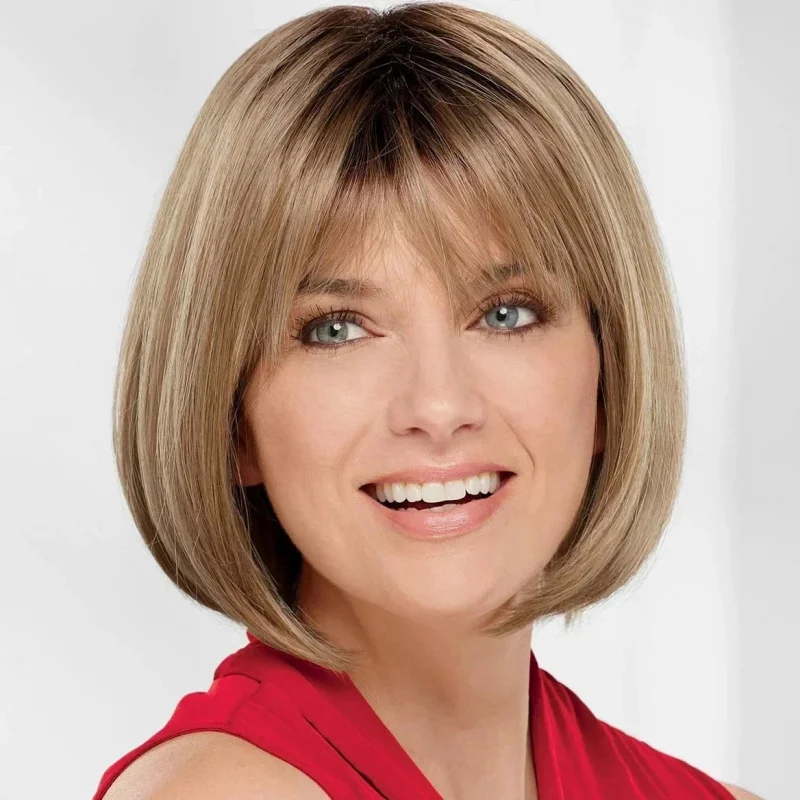 

Human Hair New Fashion Charm Women's Medium Blond Brown Straight Wigs 10 In