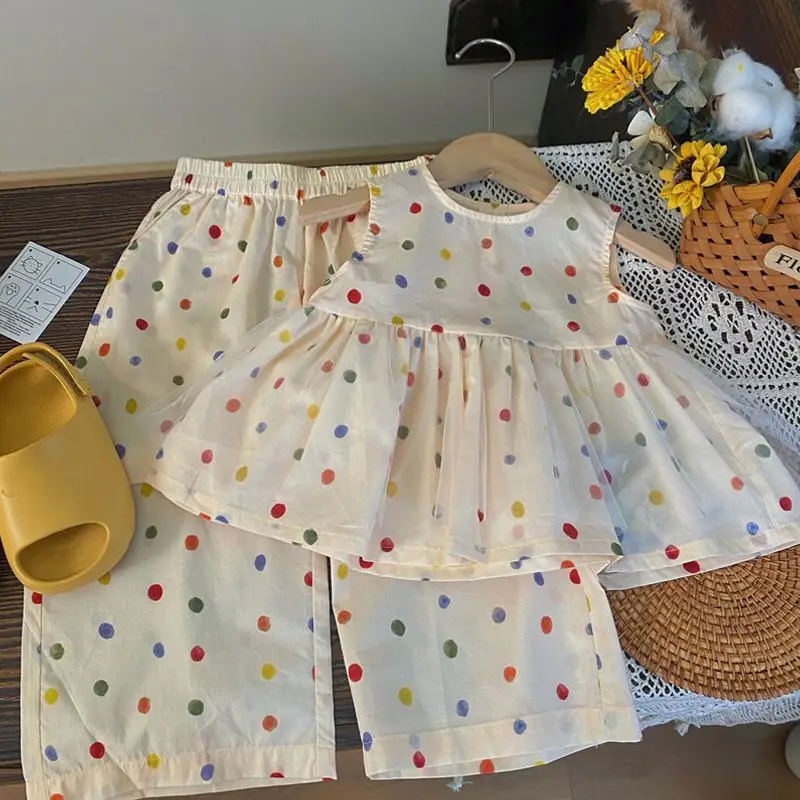 

Summer Mesh Kids Sets Sleeveless Polka Dot Top + Wide Leg Pants 2 Pieces Suits Girls Clothing Casual Outfits 3-7 Y