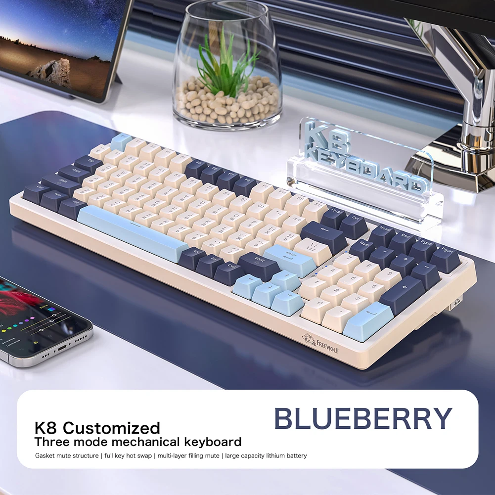 Беспроводная механическая клавиатура K8, три режима, механическая клавиатура, 100 клавиш, бесшумный набор BT5.0/2,4 ГГц/проводной Type-C для ПК, ноутбука