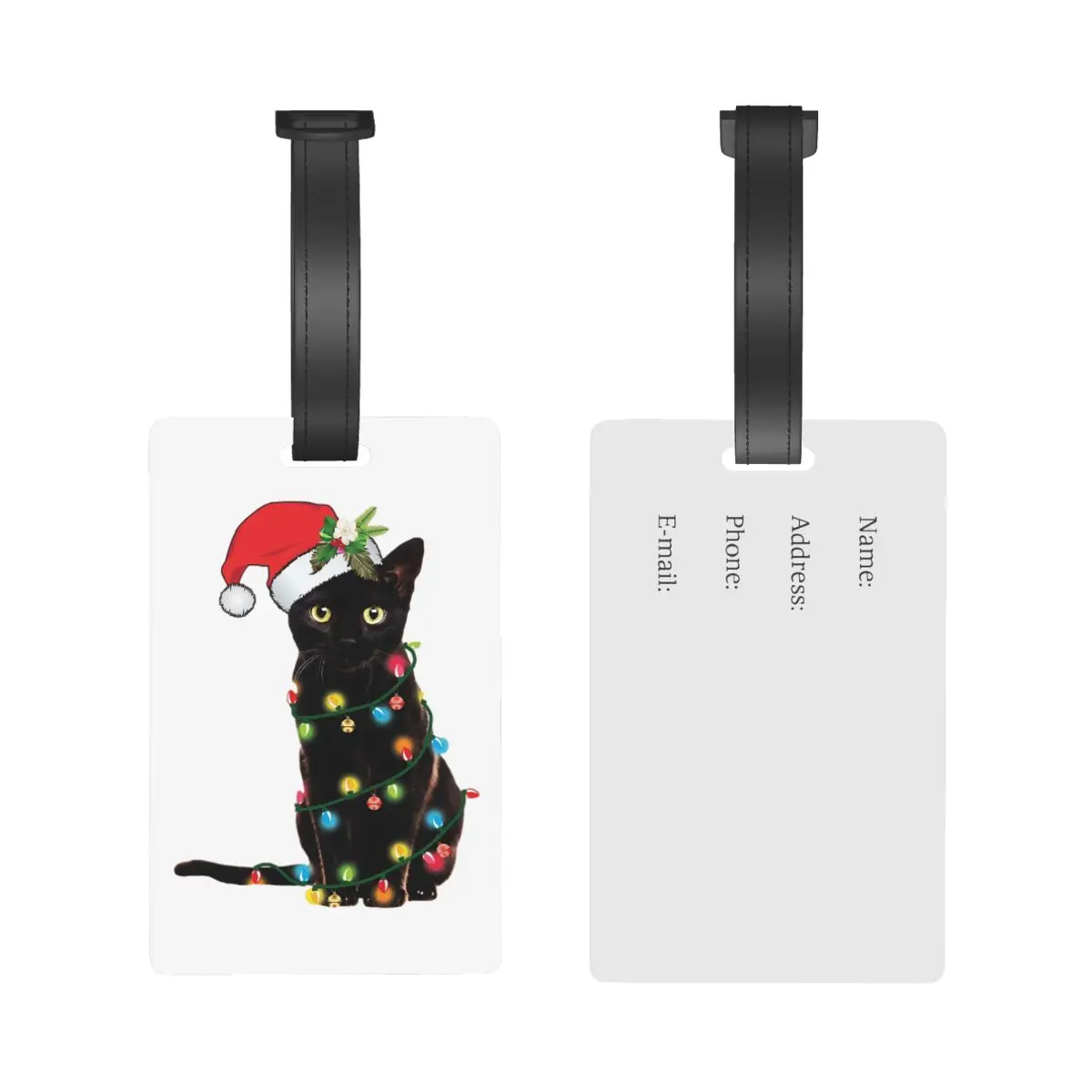 Black Santa Cat Tangled Up In Lights Christmas Santa Luggage Tags Suitcase Accessories Travel Baggage Boarding Tag Portable