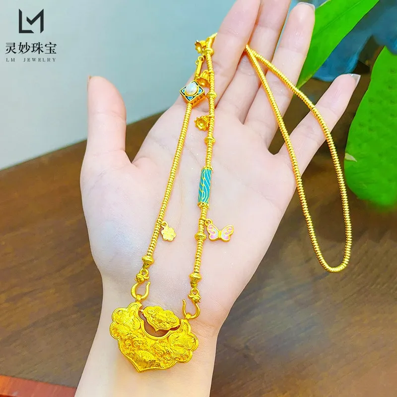 

9999 24K real gold luxury jewelry Pisces Koi lock bag pendant Ruyi lock necklace sweater chain gift girlfriend