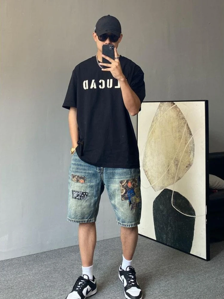 

Men's Vintage Washed Embroidered Jeans Shorts Loose Fit Street Style Summer Casual Edgy Look