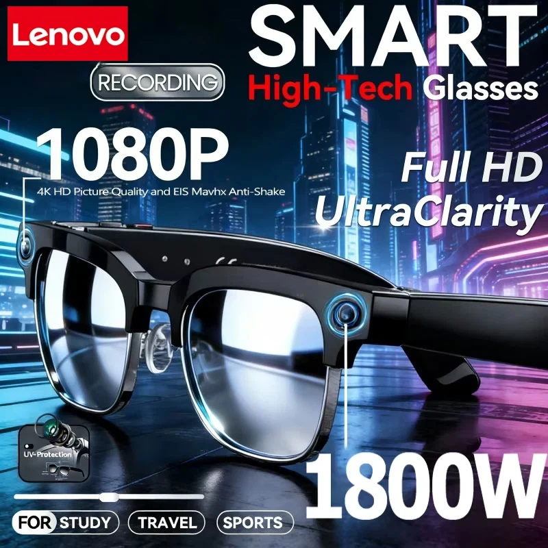 Lunettes intelligentes Lenovo 8K avec caméra d'enregistrement vidéo HD professionnelle, appel Bluetooth ChatGPT, traduction linguistique, musique, lunettes de soleil pour hommes