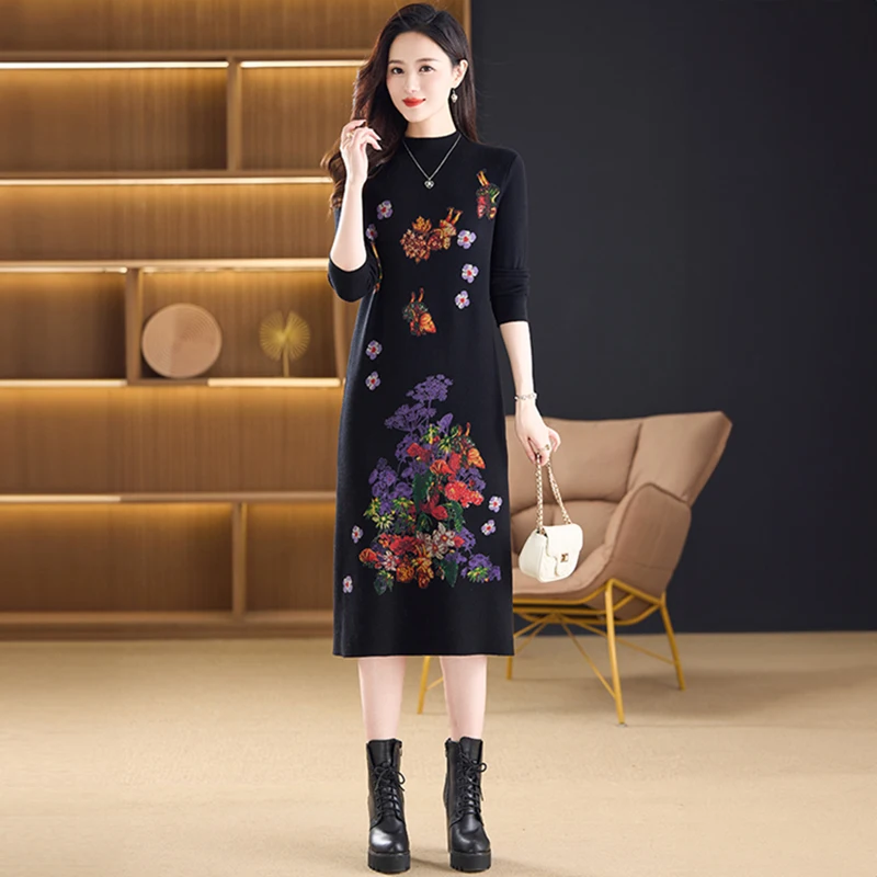 

Autumn Black Casual Knitted Long Sleeve Female's Pullovers Winter Thick Warm Sweater Dresses 2025 Korean Loose Elegant Sweaters
