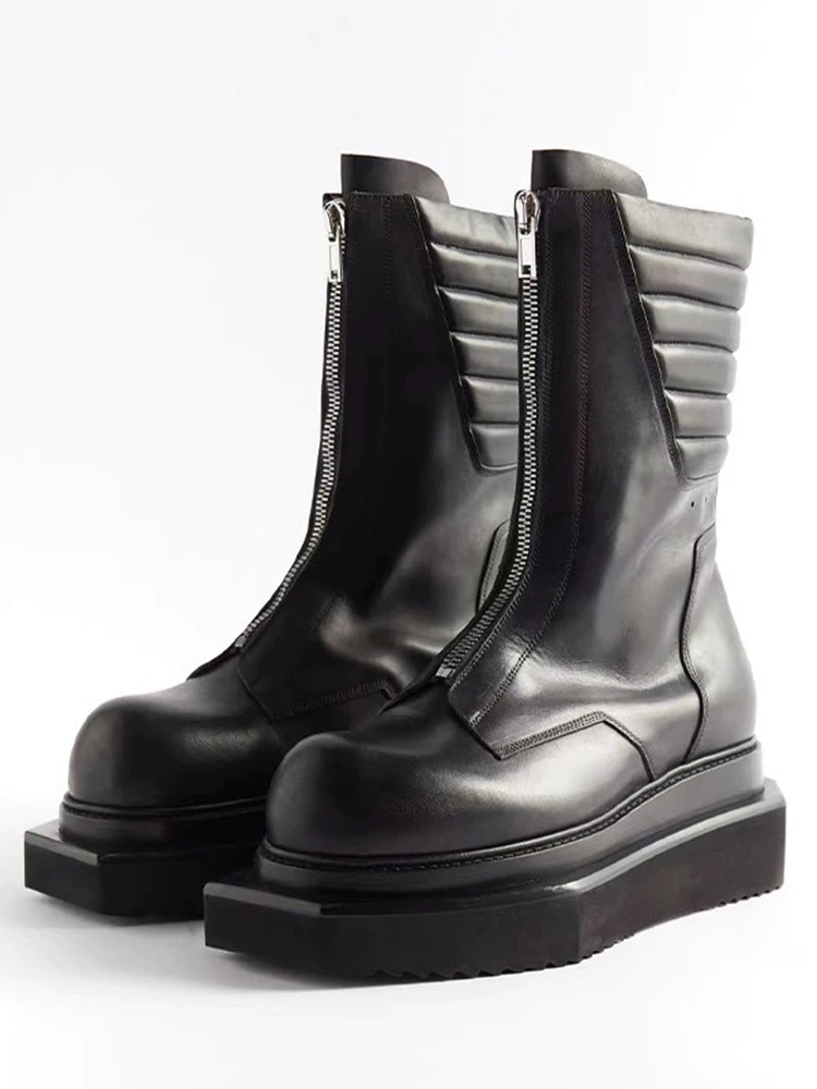 

Super Cool ! Young Man Genuine Leather All Black Motorcycle Mid-calf Boots Men's height Increasing Shoes Winter