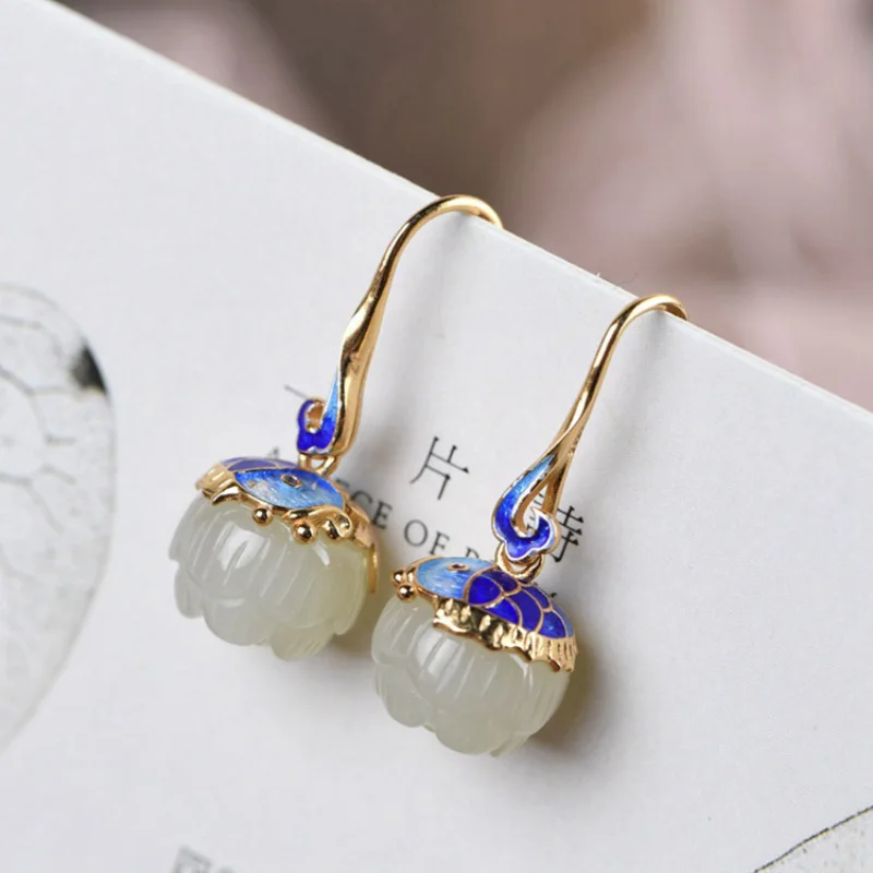 Cloisonne enamel fish-shaped inlaid natural Hetian jade lotus flower earrings for women Fashion classical Chinese style jewelry