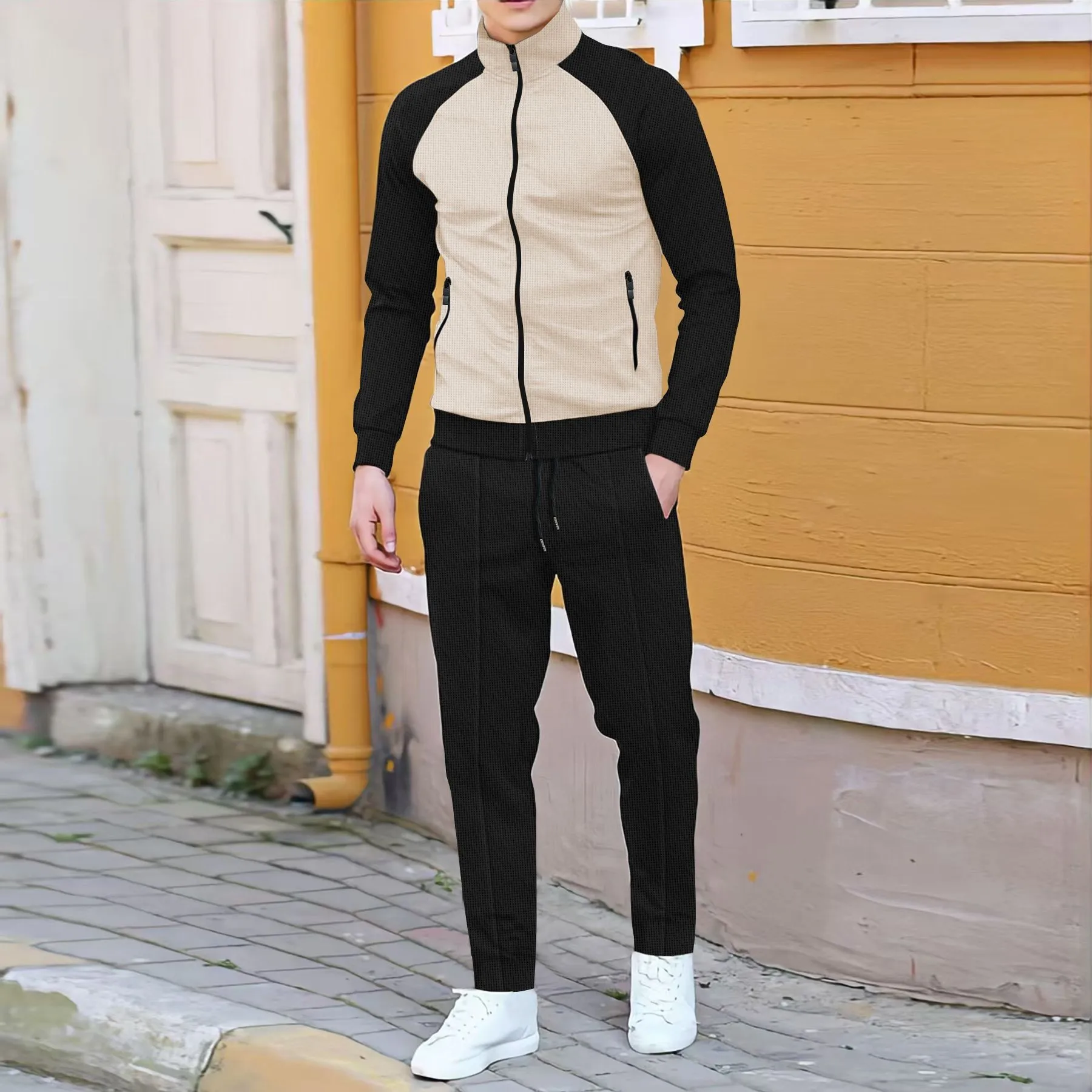 2025 spring and autumn new fashion color contrast with shoulder sleeve high neck cardigan jacket + trousers leisure sports suit