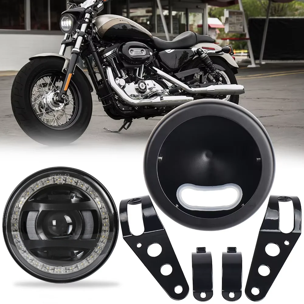 POVTOR 5.75 inch LED Headlight with White DRL Amber Background High Low Beam Stainless Bracket for Honda Harley Kawasaki