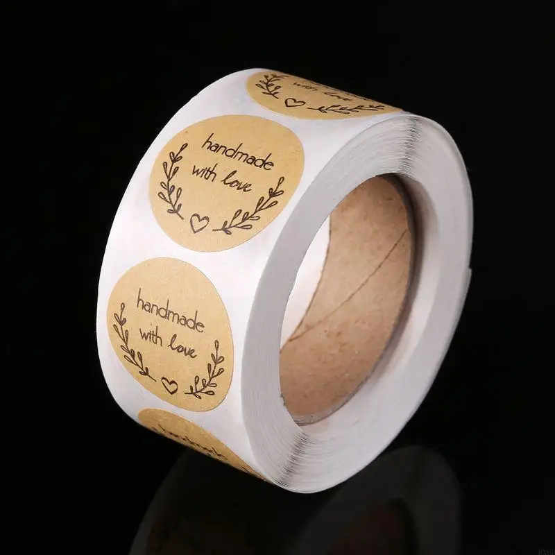 HX6D 500pcs Natural Handmade With Love Kraft Paper Stickers Round Adhesive Labels