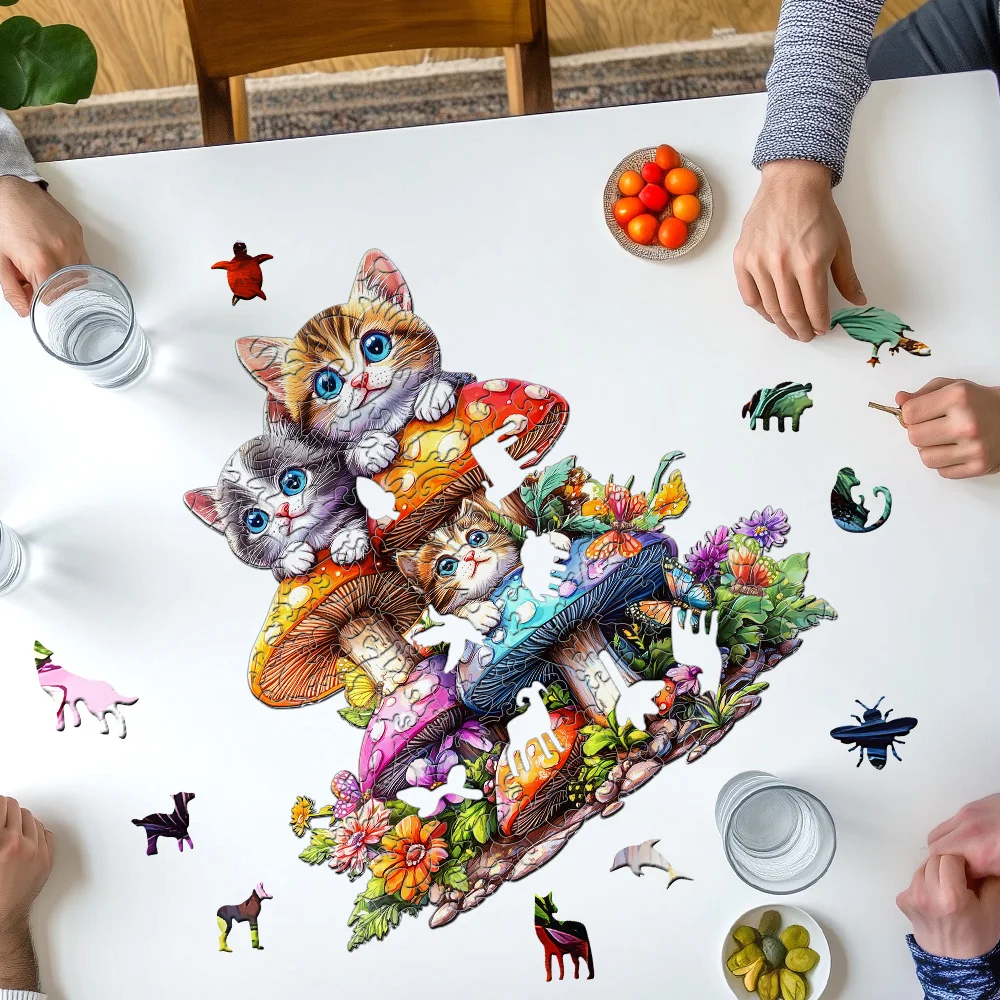 Wooden Puzzles for Adults, Cat Family Wooden Jigsaw Puzzles for Adults, Mushroom Kitten Wood Puzzles Adult, Unique Animal Shape