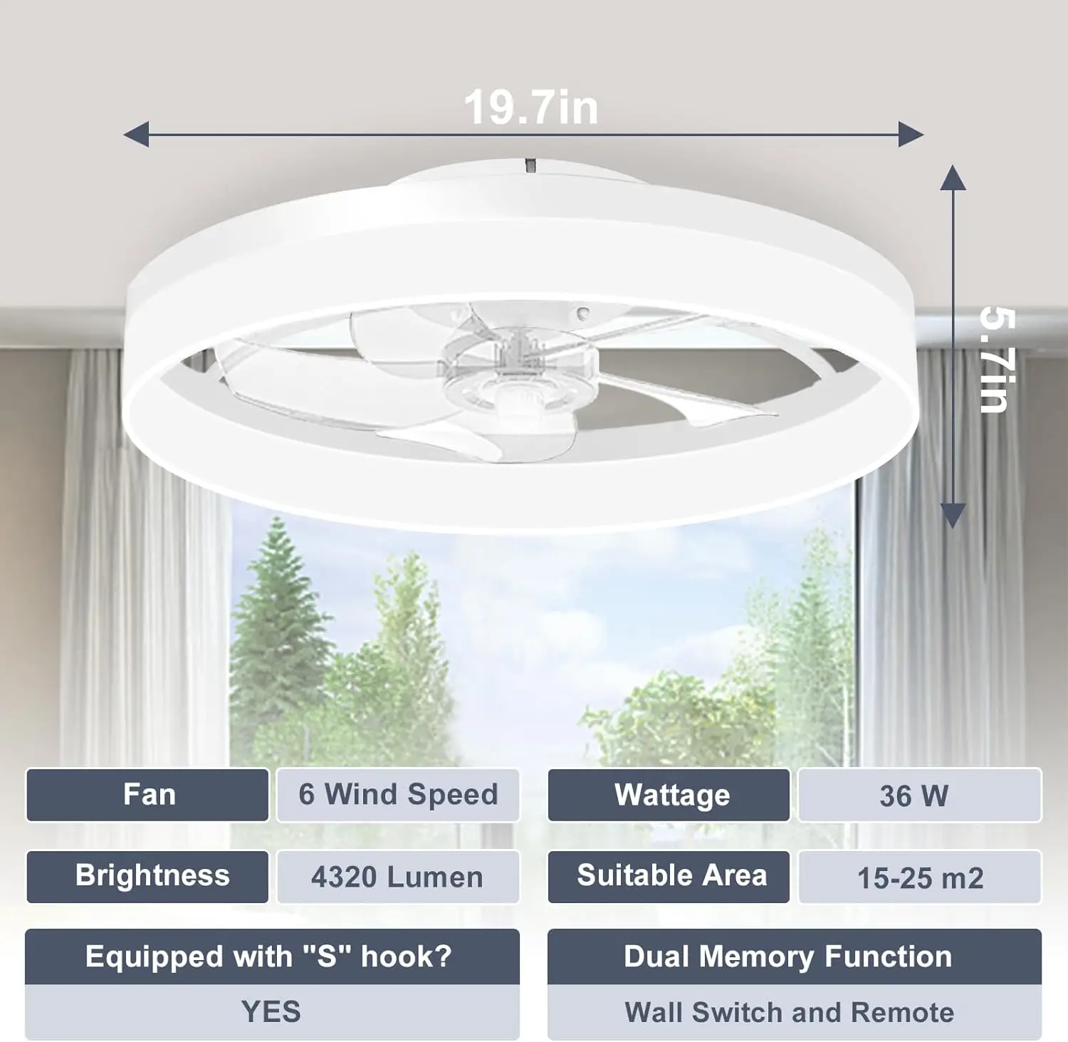 Ventiladores de techo de perfil bajo con luces y mando a distancia, ventilador de techo de 19,7 pulgadas, montaje empotrado, LED inteligente sin aspas 3000K-6500K