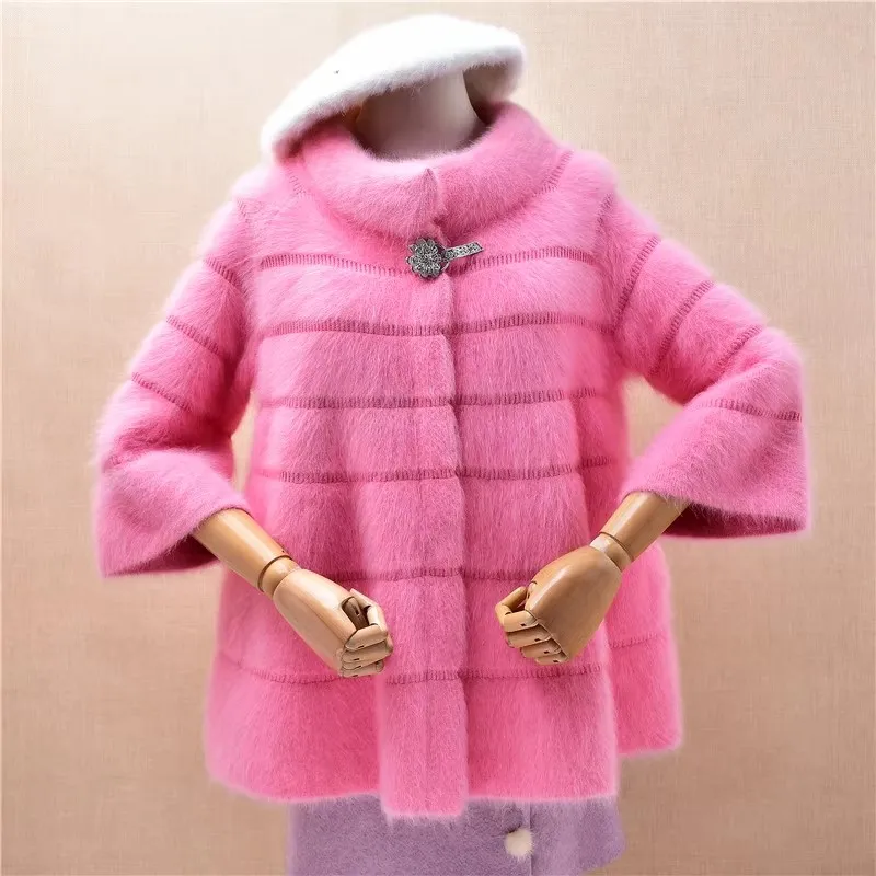 

Женский осенне-зимний теплый модный розовый вязаный кардиган-свитер свободного кроя из меха норки и кашемира с высоким воротом