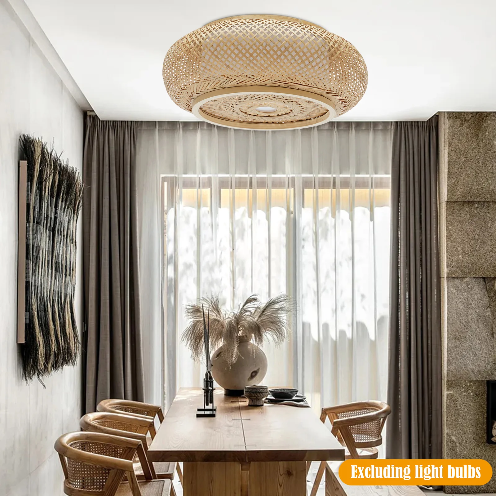 Bamboo Flush Mount Ceiling Light Rustic Rattan Ceiling Fixture Hanging Lamp Flush Mount Ceiling Light 110V 3*E26 Bulbs