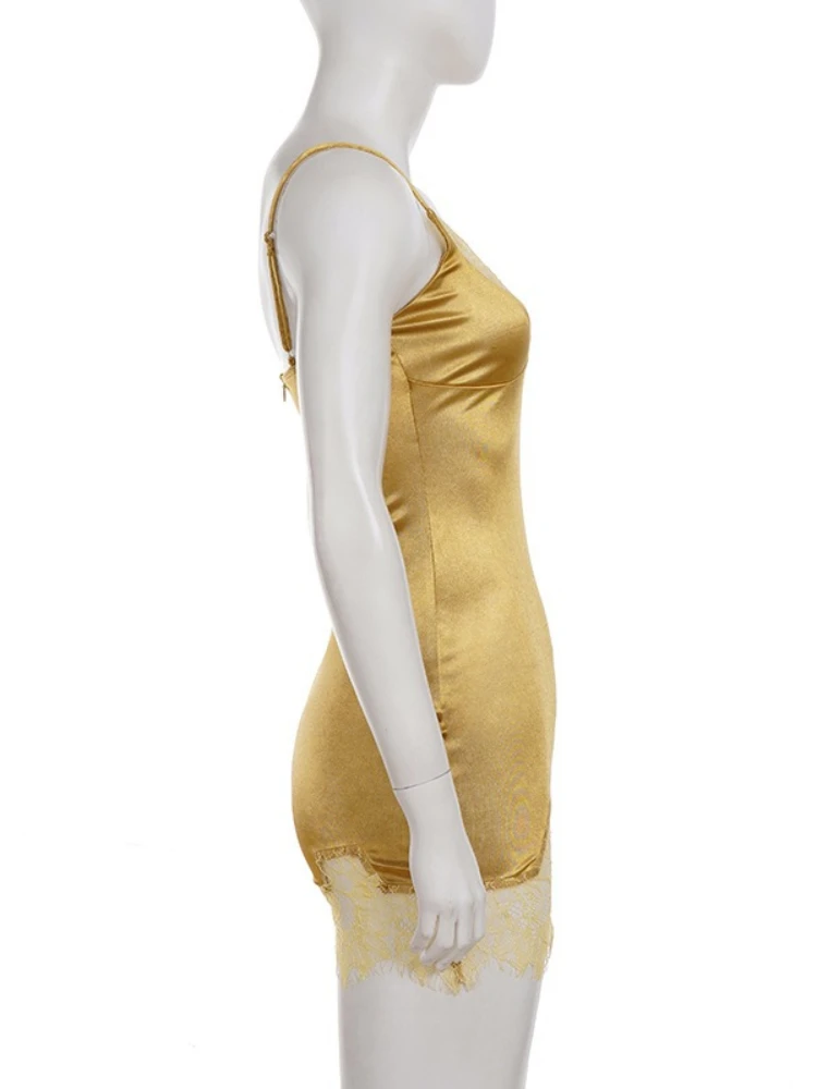 เดรสสายเดี่ยวรัดรูปทรงเข้ารูปสำหรับผู้หญิง ดีไซน์เซ็กซี่ แต่งลูกไม้ คอวีลึก แขนกุด เหมาะสำหรับฤดูร้อน แฟชั่นทันสมัย