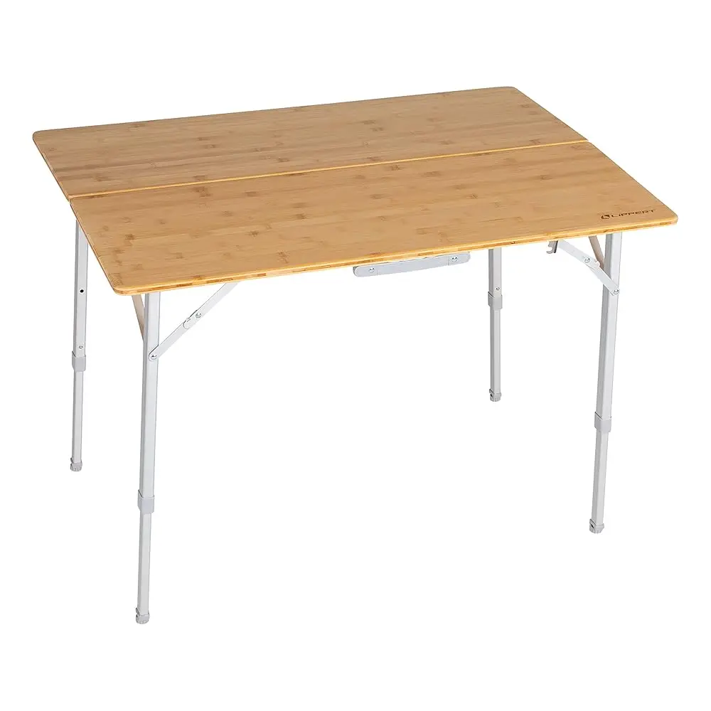 

T Bi-Fold Bamboo Adjustable Camp Table, 39-1/2"" X 28-1/2"" X 27-1/2"" Tabletop, Smooth Wood Top, Adjusting Legs, 19 Lbs.
