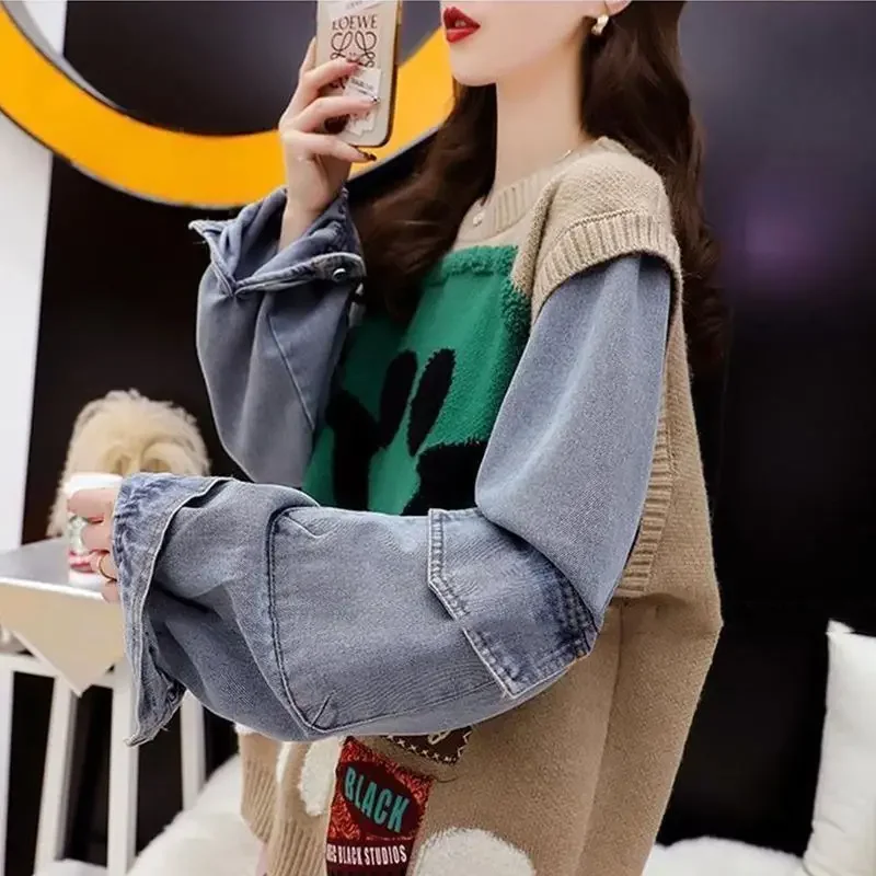 Novo outono inverno oversize roupas femininas denim emendamento suéter casacos de malha pulôver moda coreana tricô topos