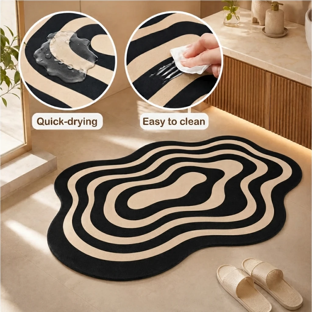Irregular Shaped Wood Grain Bath Mat Quick Dry Absorbent Non Slip Backing Fit For Bathroom Shower Toilet Home Decor