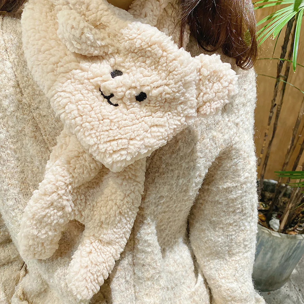 New Cashmere Ear Bear Scarf Winter Lamb Plush Warm Snood Cute Cartoon Korean Women Soild Color Scarves Girl Christmas Gifts