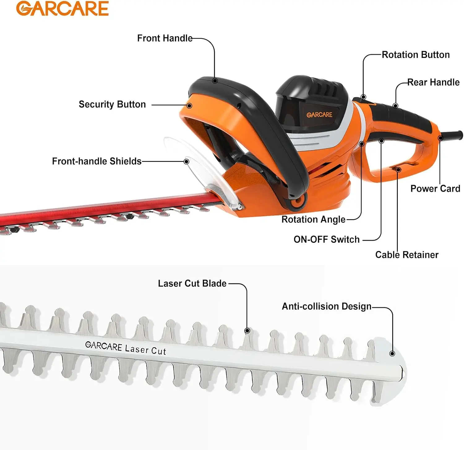 Electric Hedge Trimmer Corded 4.8Amp 24inch Dual-Action Laser Blade | Heavy-Duty Tree Trimmer Branch Cutter, 180° Rotating