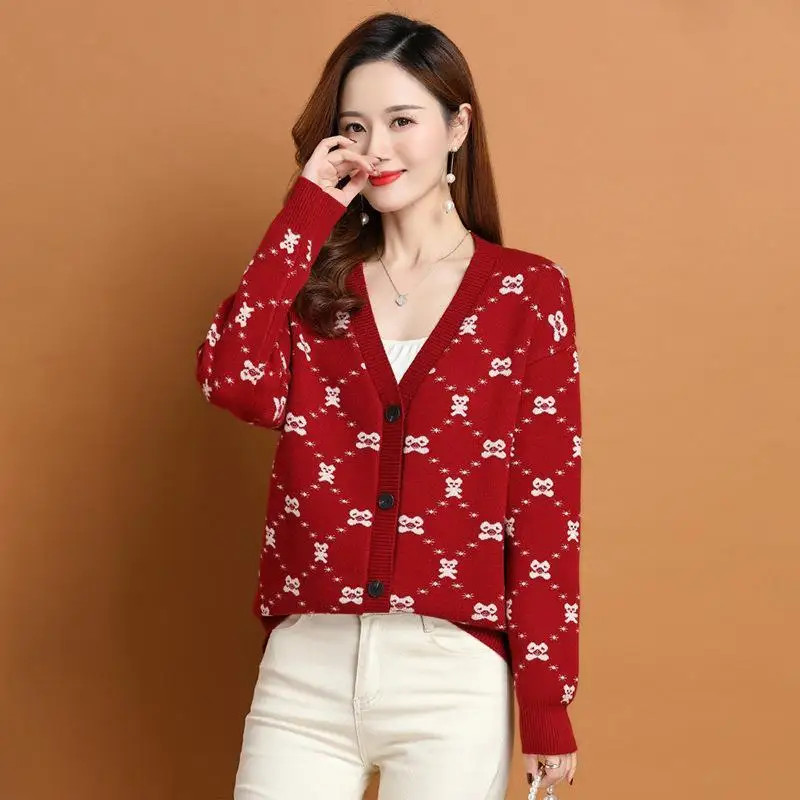 V-neck Patchwork Knitting Cardigan Sweater Women Autumn Fashion Loose Long Sleeve Knitwear Tops Casual All-match Sweater Coat