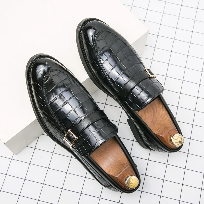 Luxury Leather Shoes Designer Men Casual Office Bussiness Grey Pointed Low-heel Loafers Mens Wedding Dress Male Shoes Mens Shoes