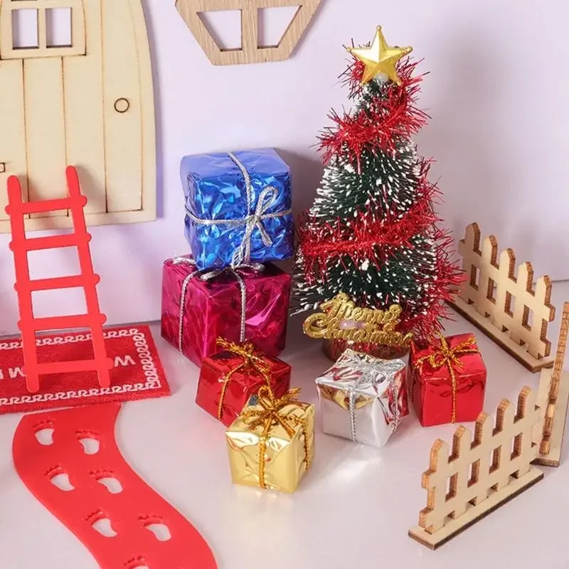 

1/12 Scale Doll Christmas Decors Wooden Door Golden Star Tree Pile Of Gifts Candy Cane Welcome Plaque Home Accessories 15UB
