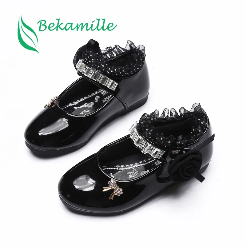 Size 21-37 Girl Leather Shoes Spring Fashion Flower Kids Princess Shoes Flat Heels Children\'s Dresses Shoe