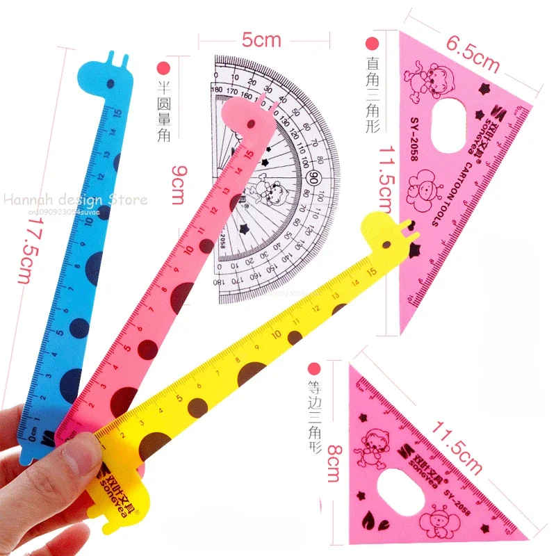 4Pcs/Set Creative Cartoon Ruler Student Learning Giraffe Four-piece Protractor Drafting Supply School Art Examination Stationery