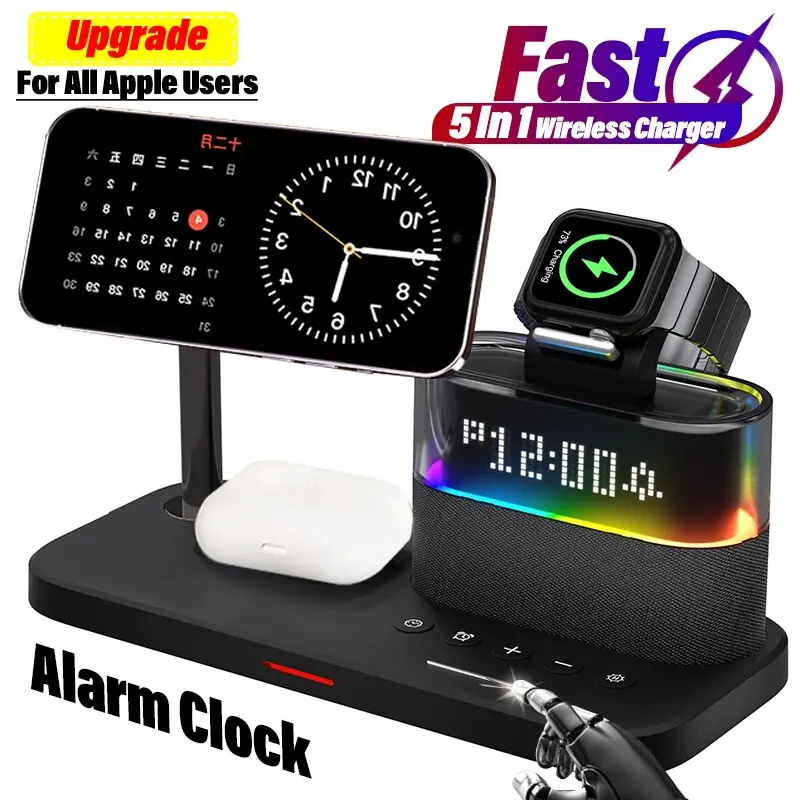 

5 In 1 Wireless Charger Stand LED Night Light Alarm Clock for iPhone 15 14 13 12 IWatch 9 8 7 Airpods Fast Charging Station Dock