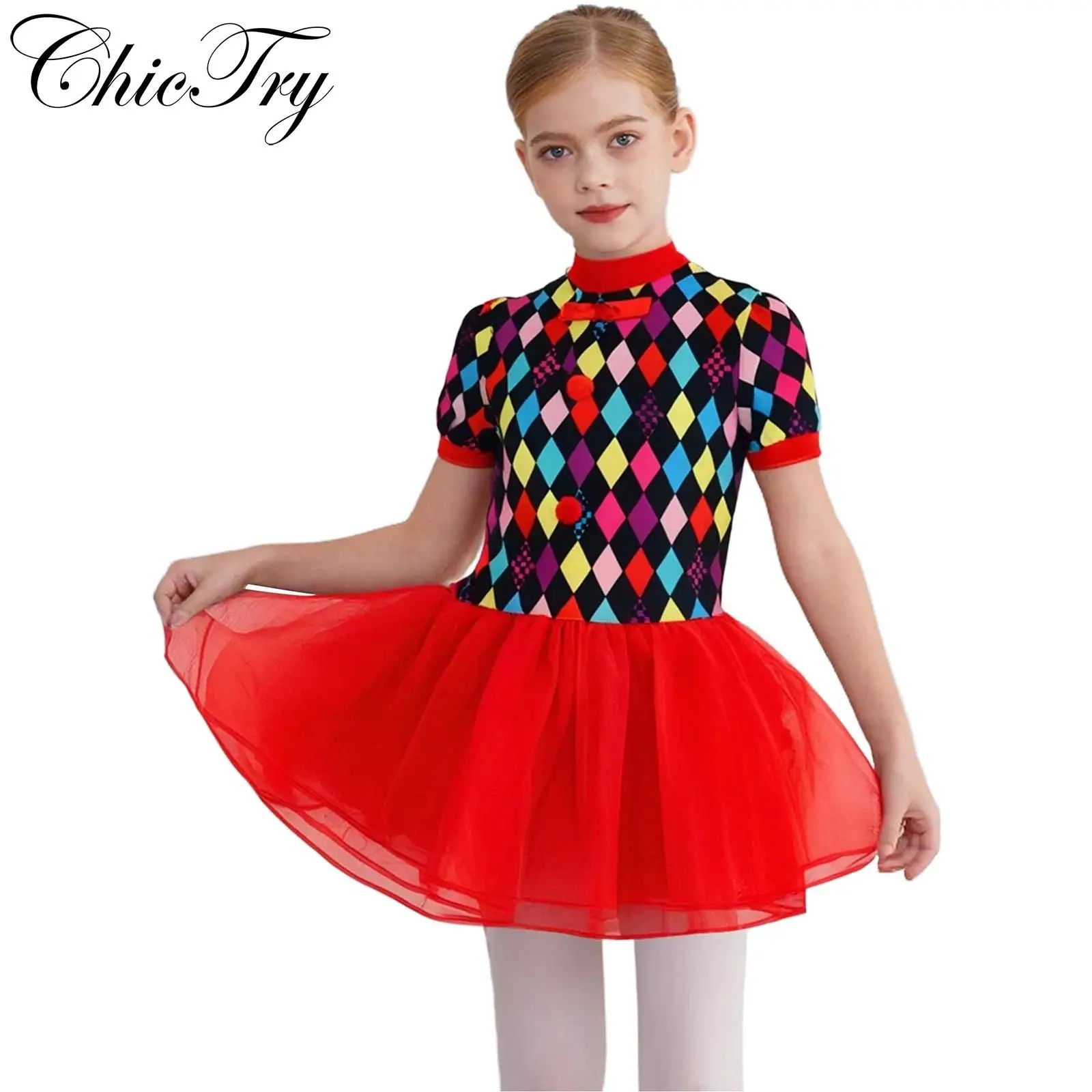 

Kids Girls Circus Clown Costume Halloween Cosplay Dress Puffy Mesh Skirted Leotard for Carnival Themed Party Stage Performance