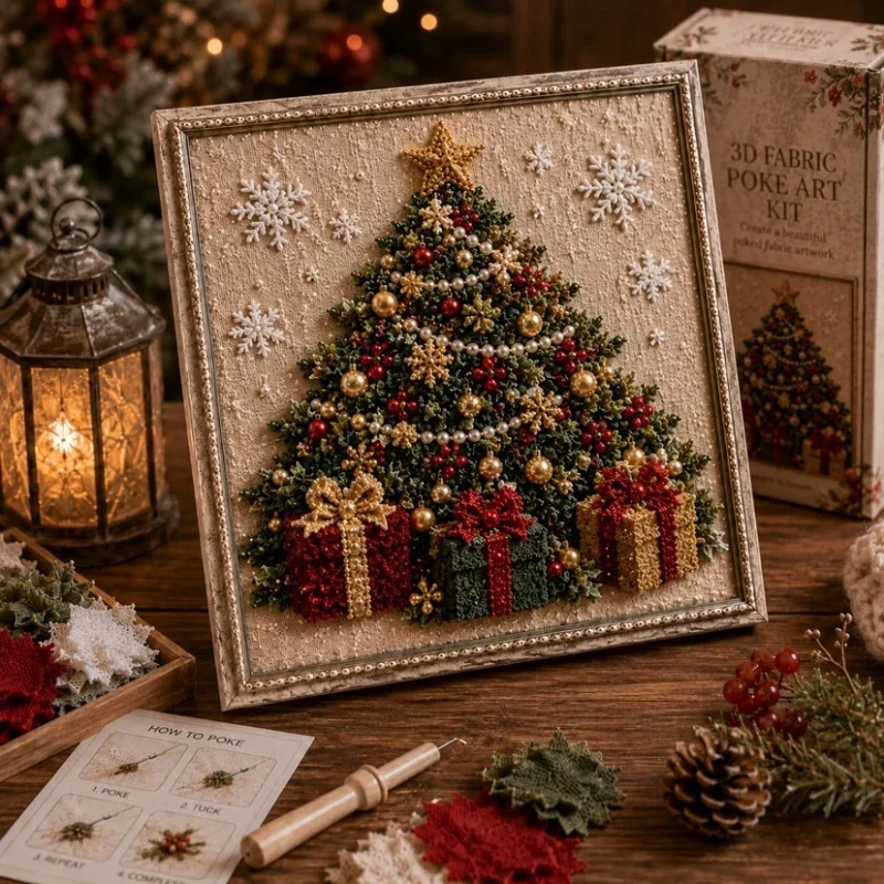 Vintage Christmas Fabric Poke Art DIY Kit PreCut Cloth Squares Punch Embroidery Craft Set for Adult Beginners Holiday Home Decor