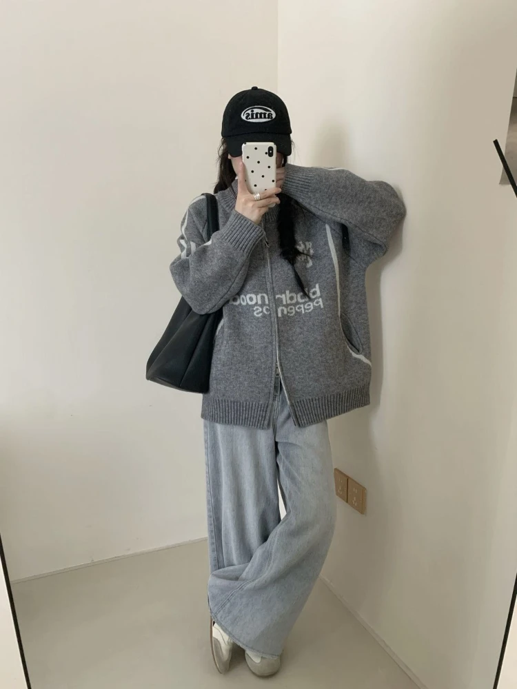Deeptown American Retro Letter Zipper Sweater Women Gray Preppy Style Sports Knitwear Vintage Causal Solid Long Sleeve Cardigan