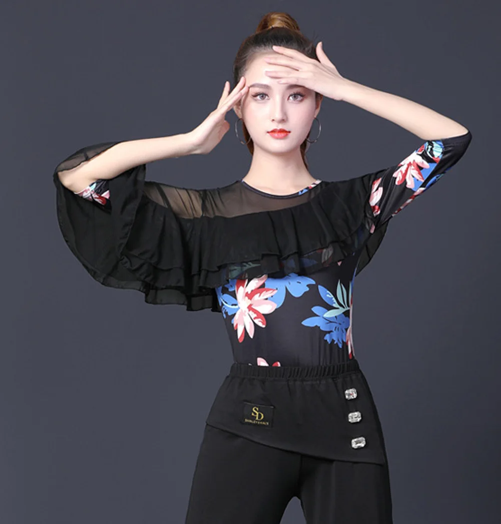 Latin Tops Women Dance Basic Shirt Girl Dancewear Sexy Ballroom Samba Tango Flamengo Dancing Practice Costume Printing T-shirt