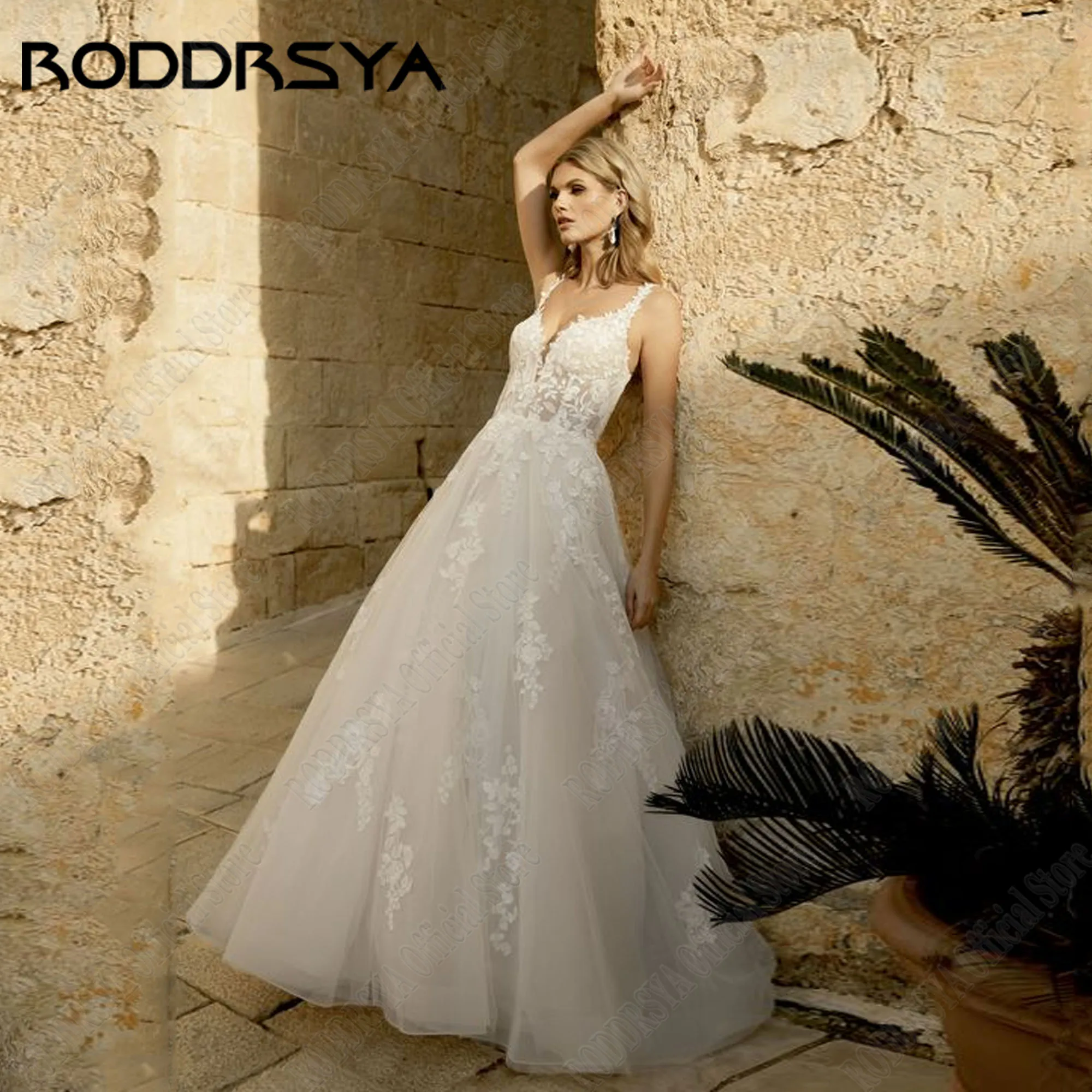 

RODDRSYA Customized Boho Wedding Dress 2025 Bride Sleeveless Button Back V Neck Applique Lace Bridal Gown Vestidos De Novias