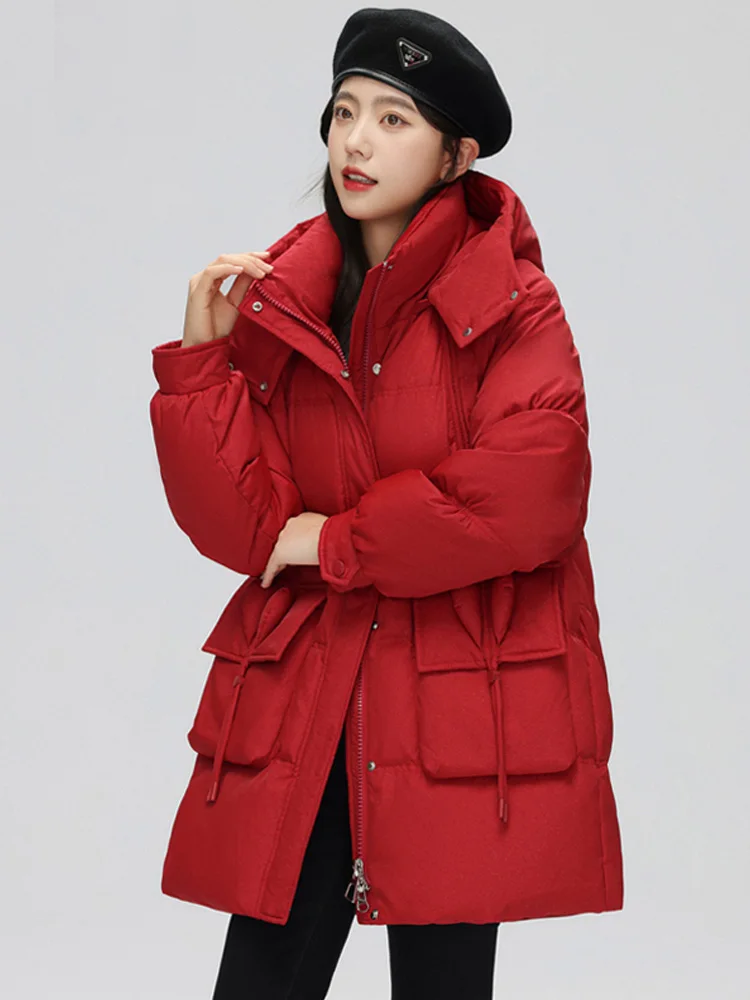 Women's Winter Cotton Jacket Thickened Warm Mid-Length Quilted Coat Fashionable Trendy Zipper Closure Long Sleeve Hooded