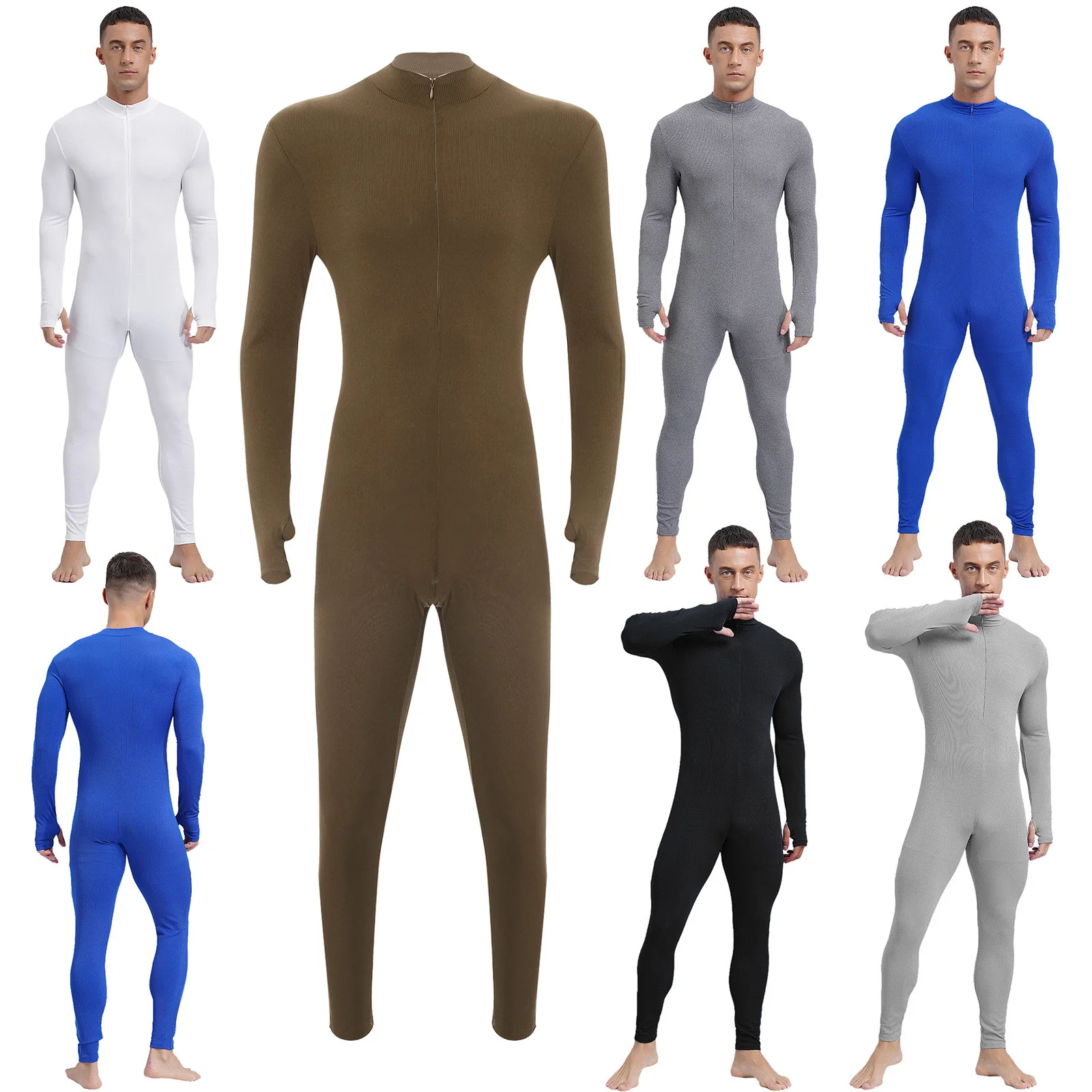 Mens Gymnastics Ribbed Unitard Solid Color Long Sleeve Front Zipper Full Length Leotard Workout Yoga Athletic Jumpsuit Sportwear