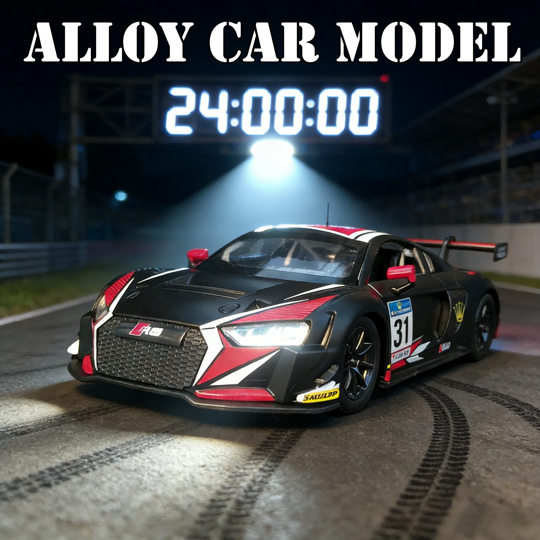 

1:24 simulation Audi R8 LMS alloy rally car model door can be opened has simulated sound and lighting functions children's gift
