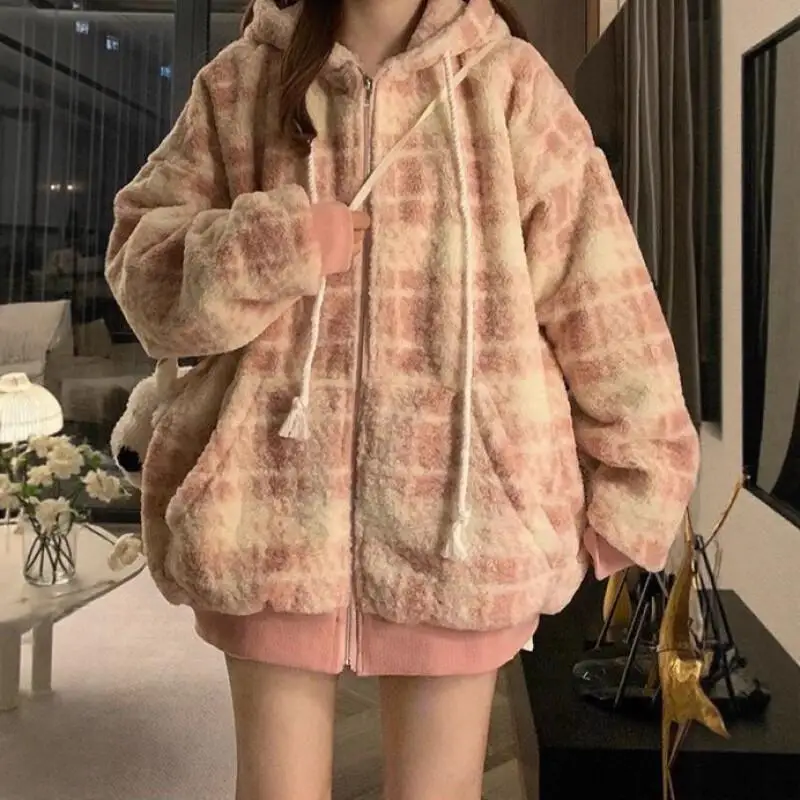 

thicken lamb plush cotton-padded jacket coat female autumn winter new model unique sweet Korean style fashionable solid top