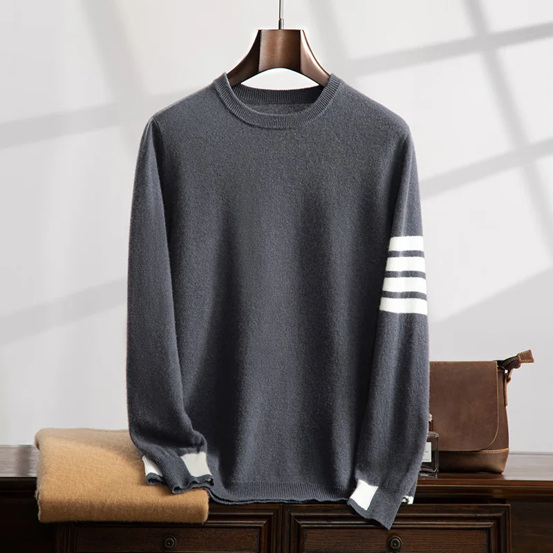 Autumn And Winter New item (100% Cashmere) Men's Round Neck TB Contrasting Color Temperament Versatile Casual Sweater For Men