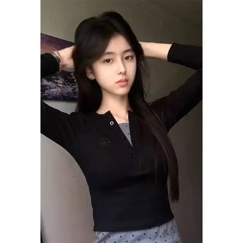 Girl Fake Two-Piece V-Neck Long Sleeve T-Shirt Women's Early Autumn New Fashion Right Shoulder Slim Fit Unique Inner Wear Top